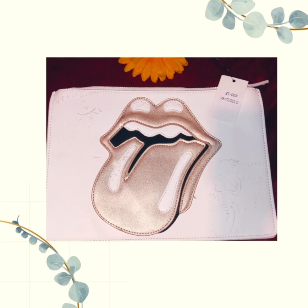 Rolling Stones hand bag. Bolsita de mano gold & white.